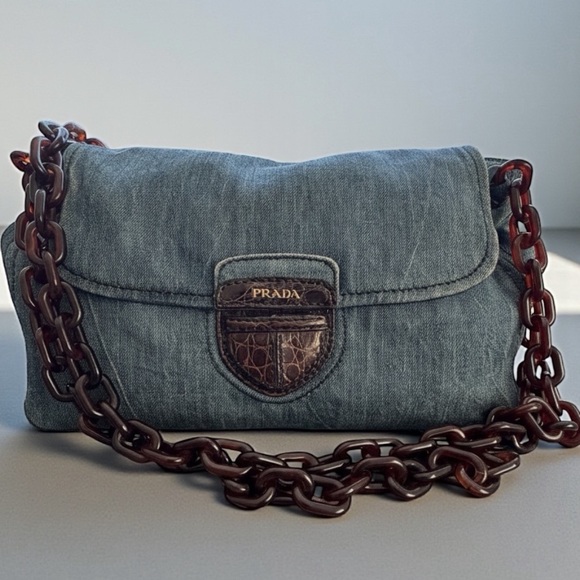 Prada Handbags - Prada Denim Shoulder Bag with Tortoiseshell Chain Croc Detail Buckle